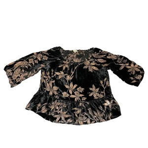 Democracy Floral Velvet Blouse Women's Small Black/Brown Sheer‎ Goth Bell Sleeve